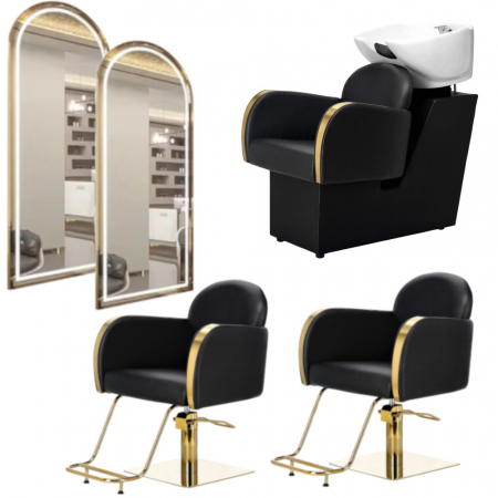 Mobilier Salon · Seturi - Mobilier coafor cu oglinda Led, scafa frizerie si doua scaune profesionale