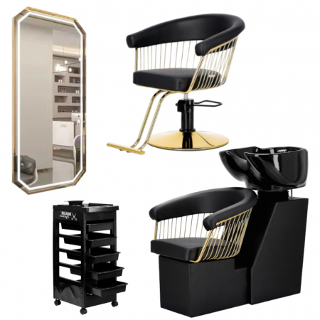 Mobilier Salon · Seturi - Mobilier Coafor Profesional Negru cu Auriu – Set Complet de Lux cu scaun scafa oglinda
