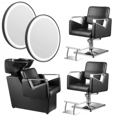 Mobilier Salon · Seturi - Mobilier frizerie complet cu 2 scaune frizerie, 2 oglinzi LED, scafa coafor, Talin