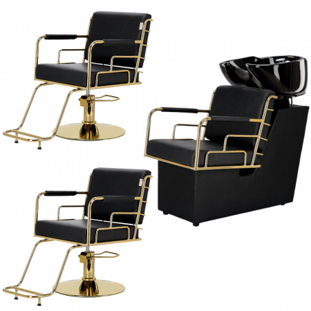 Mobilier Salon · Seturi - Mobilier frizerie cu 2 scaune coafor, 1 unitate de spalare neagra cu auriu, cu riflaj