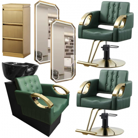 Mobilier Salon · Seturi - Mobilier frizerie cu 2 scaune coafor verzi si scafa coafor - Amenajare salon infrumusetare.