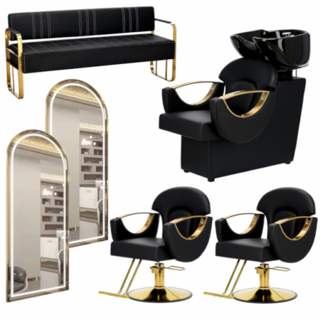 Mobilier Salon · Seturi - Mobilier frizerie cu oglinda Led, scafa frizerie, doua scaune coafor, canapea receptie
