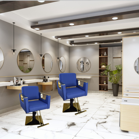 Mobilier frizerie cu scafă și 2 scaune coafor, Albastru închis cu Auriu Gold – Set profesional salon [4]