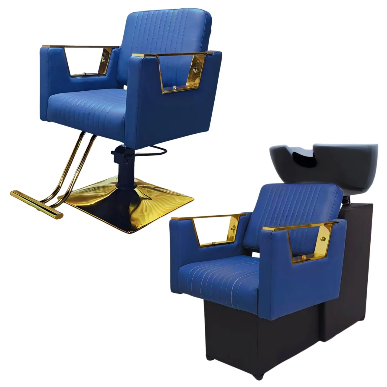 Mobilier Salon · Seturi - Mobilier frizerie lux cu scafă și scaun coafor profesional, Bleu cu Gold