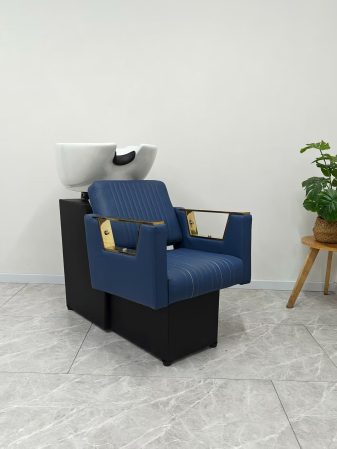 Mobilier frizerie lux cu scafă și scaun coafor profesional, Bleu cu Gold [2]
