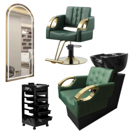 Mobilier Salon · Seturi - Mobilier saloane premium, Verde cu Auriu, cu scaun coafor, oglinda led si scafa frizerie
