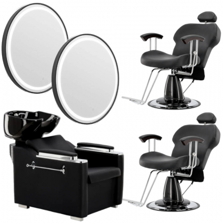 Mobilier Salon · Seturi - Mobilier salon Barber Shop cu 2 scaune barber, scafa frizerie mare, 2 Oglinizi LED, 80cm