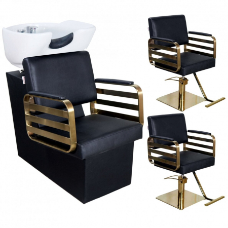 Mobilier Salon · Seturi - Mobilier salon coafura cu 2 scaune coafor si scafa frizerie, neagra cu auriu