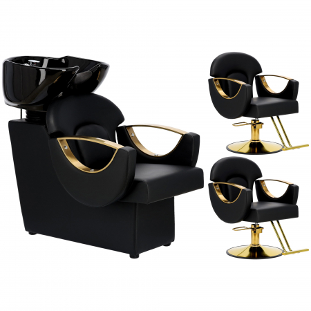 Mobilier Salon · Seturi - Mobilier salon coafura cu 2 scaune coafor si scafa frizerie, neagra cu auriu, Madera