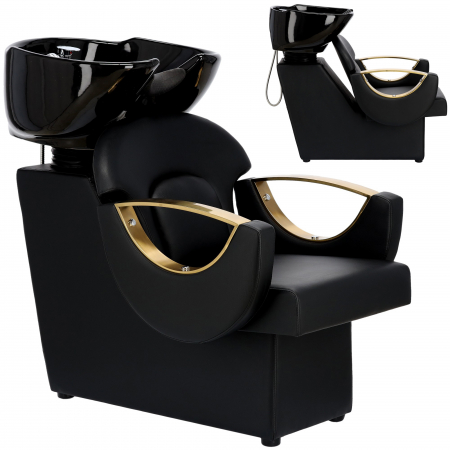 Mobilier salon coafura cu 2 scaune coafor si scafa frizerie, neagra cu auriu, Madera [4]