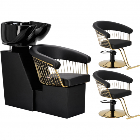 Mobilier Salon · Seturi - Mobilier salon coafura cu 2 scaune coafor si scafa frizerie, neagra cu auriu, Quinn