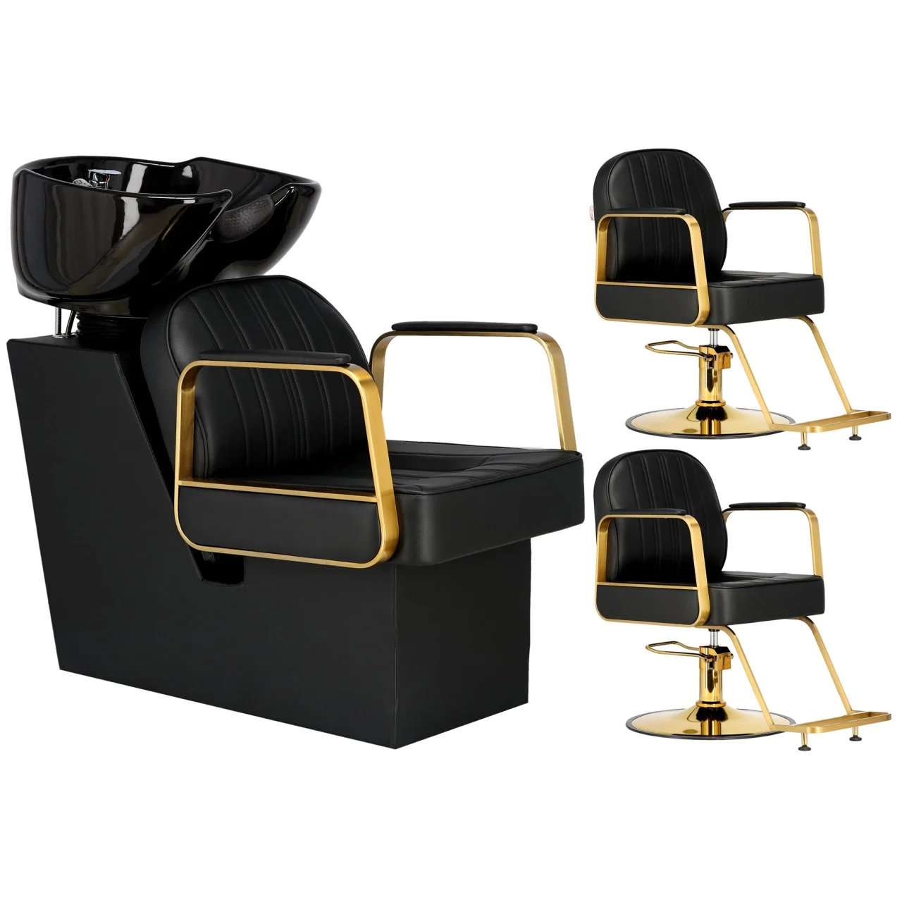 Mobilier Salon · Seturi - Mobilier salon coafura cu 2 scaune coafor si scafa frizerie, Negru cu auriu, Anastasia