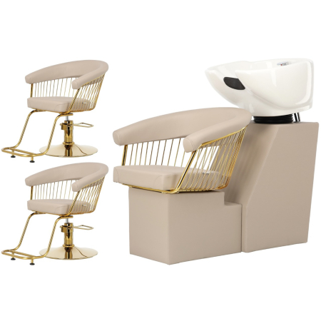 Mobilier salon coafura cu 2 scaune coafor si scafa frizerie profesionala, bej inchis cu auriu [0]