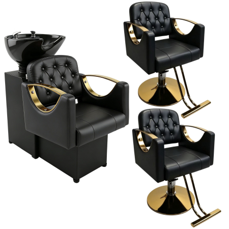 Mobilier frizerie - Mobilier salon frizerie cu 2 scaune coafor si scafa frizerie, Negru cu auriu