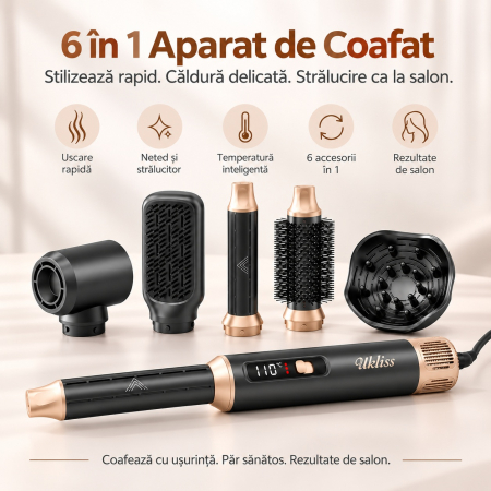 Coafor si Frizerie - Ondulator automat cu aer cald, Aparat De Coafat pentru bucle Multifunctional 6 In 1, Uscator si perie volum, Multistyler par