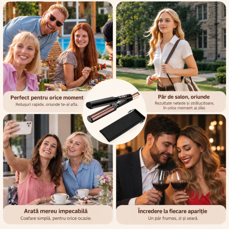 Ondulator de par in valuri pentru bucle, Placa profesionala de ondulat creponat Easy Waves, Negru Gold, Placi ceramice, 5 trepte temperatura [7]