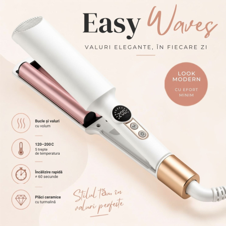 Coafor si Frizerie - Ondulator de par in valuri pentru bucle, Placa profesionala de ondulat creponat Easy Waves, Negru Gold, Placi ceramice, 5 trepte temperatura
