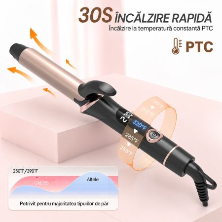 Ondulator de par profesional pentru bucle mari, 25 mm, Temperatură Reglabilă 120-200°C, Afișaj LCD, Negru cu Auriu [1]