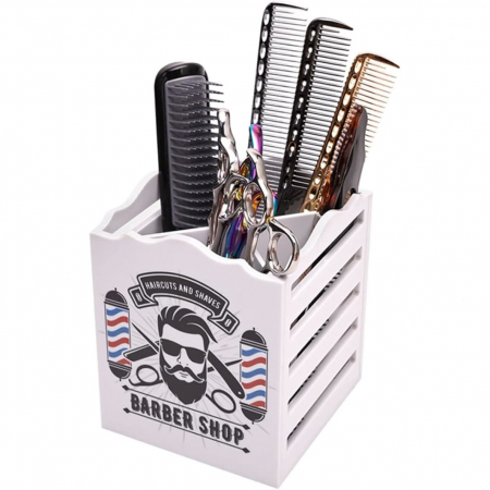 Coafor si Frizerie - Organizator frizerie Ardette, Alb, Cu imprimeu Barber Shop, Plastic dur, 4 compartimente