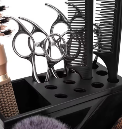 Organizator frizerie pentru ustensile – suport foarfece și perii, plastic dur, compartimentat, negru, 13.5×10.3×10.7 cm [1]