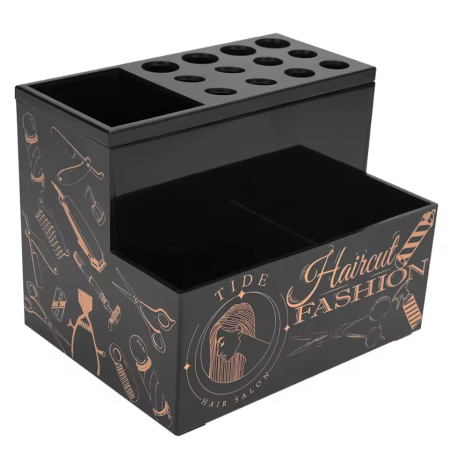 Coafor si Frizerie - Organizator frizerie pentru ustensile – suport foarfece și perii, plastic dur, compartimentat, negru, 13.5×10.3×10.7 cm