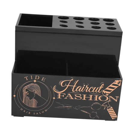 Organizator frizerie pentru ustensile – suport foarfece și perii, plastic dur, compartimentat, negru, 13.5×10.3×10.7 cm [3]