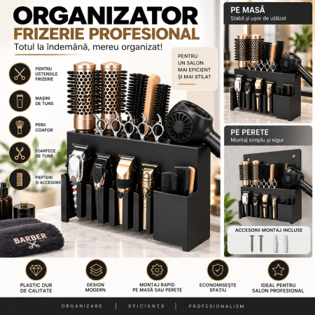 Ingrijire personala & Cosmetice - Organizator frizerie profesional Negru, pentru perii coafor, masini de tuns, fixare pe masa sau de perete