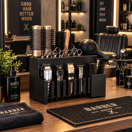 Organizator frizerie profesional Negru, pentru perii coafor, masini de tuns, fixare pe masa sau de perete [3]