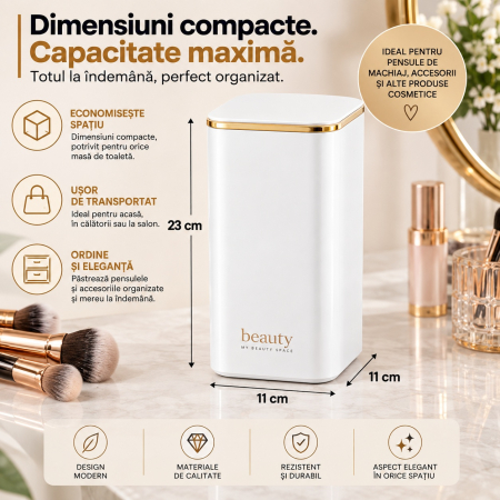 Organizator pensule machiaj, Alb cu auriu Gold, Automat, 4 compartimente pentru cosmetice [7]