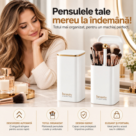 Organizator pensule machiaj, Alb cu auriu Gold, Automat, 4 compartimente pentru cosmetice [2]
