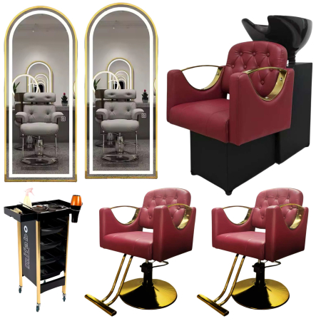 Mobilier frizerie - Pachet Mobilier Coafor Bordo cu Auriu – Scafa frizerie cu 2 Scaune coafor rosii Lux, 2 Oglinzi Led si Ucenic