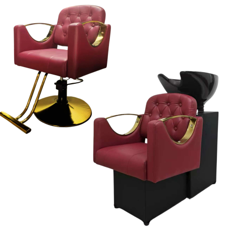 Mobilier Salon · Seturi - Pachet Mobilier Coafor Roșu Grena & Auriu – Scafă Profesională + Scaun Coafor Bordo de Lux