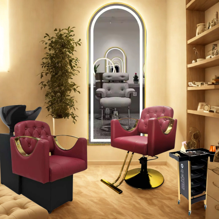 Pachet Mobilier Coafor Roșu Grena & Auriu – Scafă Profesională + Scaun Coafor Bordo de Lux [4]