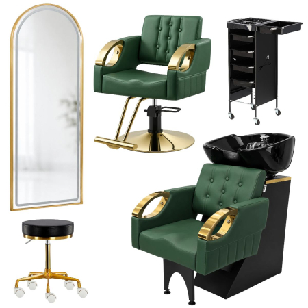 Mobilier Salon · Seturi - Pachet mobilier salon coafor verde smarald & gold – Set complet 6 piese premium