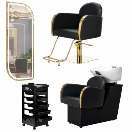 Mobilier Salon · Seturi - Pachet scaun coafor, scafa frizerie profesionala, post de lucru si ucenic cosmetic, Negru cu auriu