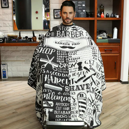 Pelerina Barber, impermeabila, neagra cu alb, cu imprimeu ustensile frizerie [4]