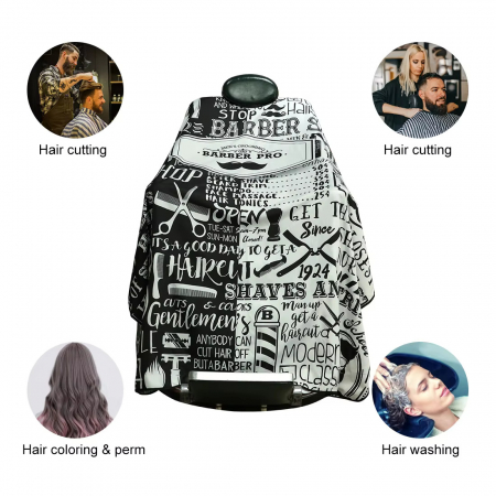 Pelerina Barber, impermeabila, neagra cu alb, cu imprimeu ustensile frizerie [3]