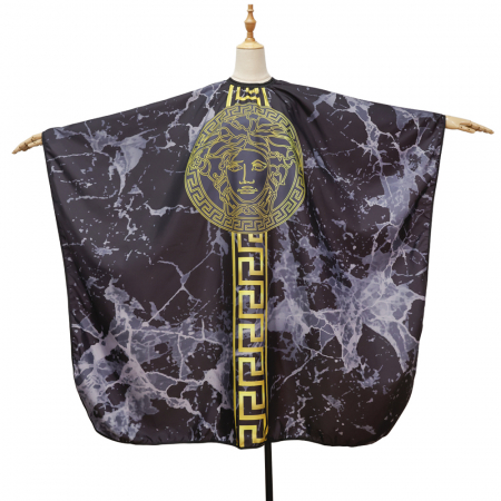 Pelerina tuns - Pelerina coafor, lunga, cu elastic la gat, neagra, cu imprimeu Medusa