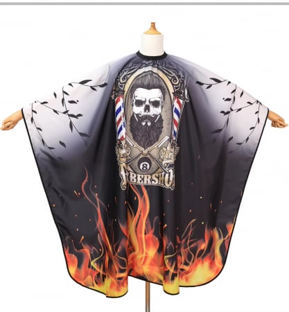 Pelerine si Sorturi - Pelerina tuns barber shop, cu elastic la gat, neagra, cu imprimeu Barber in Flacari