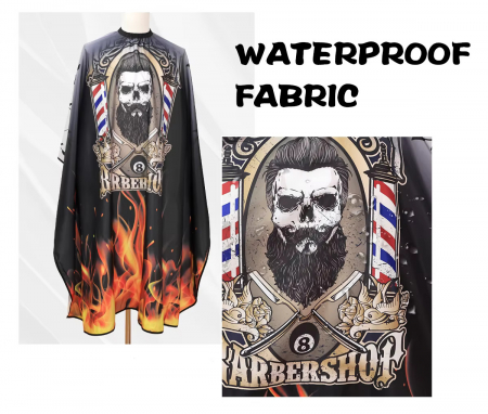 Pelerina tuns barber shop, cu elastic la gat, neagra, cu imprimeu Barber in Flacari [1]