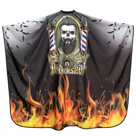 Pelerina tuns barber shop, cu elastic la gat, neagra, cu imprimeu Barber in Flacari [3]