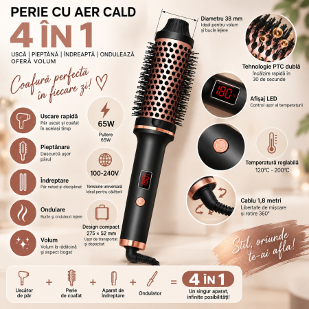Perie electrica pentru volum cu aer cald pentru coafat parul, uscare, indreptare, bucle si styling [2]