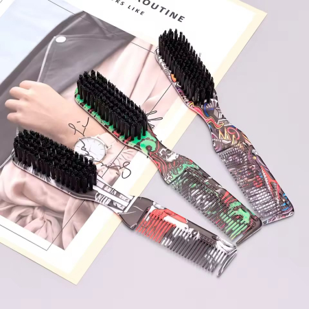 Perie pentru barbă cu pieptene dublu – model pocket, ideală pentru fade, styling și îngrijire zilnică, design vintage [1]