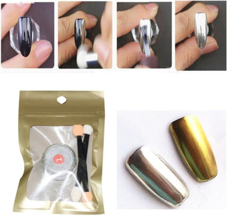 Pigment pudra unghii false cu efect oglinda metalic set 2 nuante Auriu Argintiu [3]