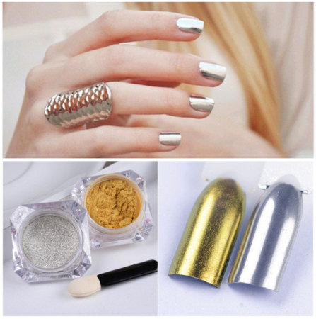 Pigment pudra unghii false cu efect oglinda metalic set 2 nuante Auriu Argintiu [1]