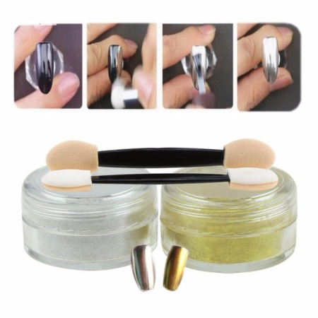 Pigment pudra unghii false cu efect oglinda metalic set 2 nuante Auriu Argintiu [2]