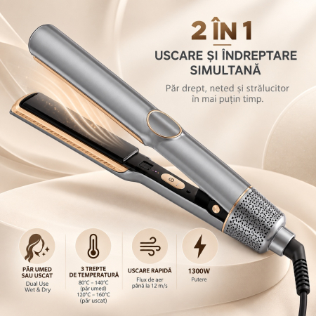 Coafor si Frizerie - Placă de Îndreptat Părul cu Aer Cald 2 în 1 – Uscător de Păr și Aparat de Îndreptat, Uscare și Îndreptare Simultană, Hair Straightener, Gri