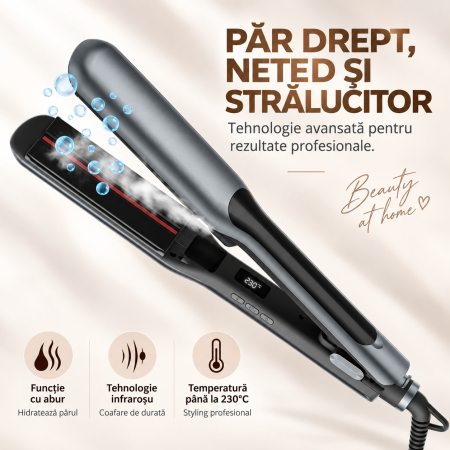 Coafor si Frizerie - Placa pentru Par cu Abur si Incalzire cu Infrarosu, 230°C, Indreapta si Onduleaza, Protectie Termica, Hidratare si Stralucire naturala, Temperatura Reglabila, Functie Abur