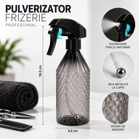 Coafor si Frizerie - Pulverizator frizerie cu design 3D, profesional, cu bila metalica la capat, plastic rezistent dur