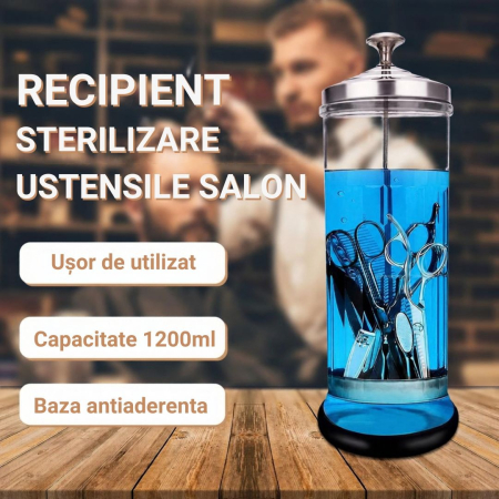 Recipient din sticla pentru sterilizare instrumente frizerie si manichiura, 1200 ml, inox [3]